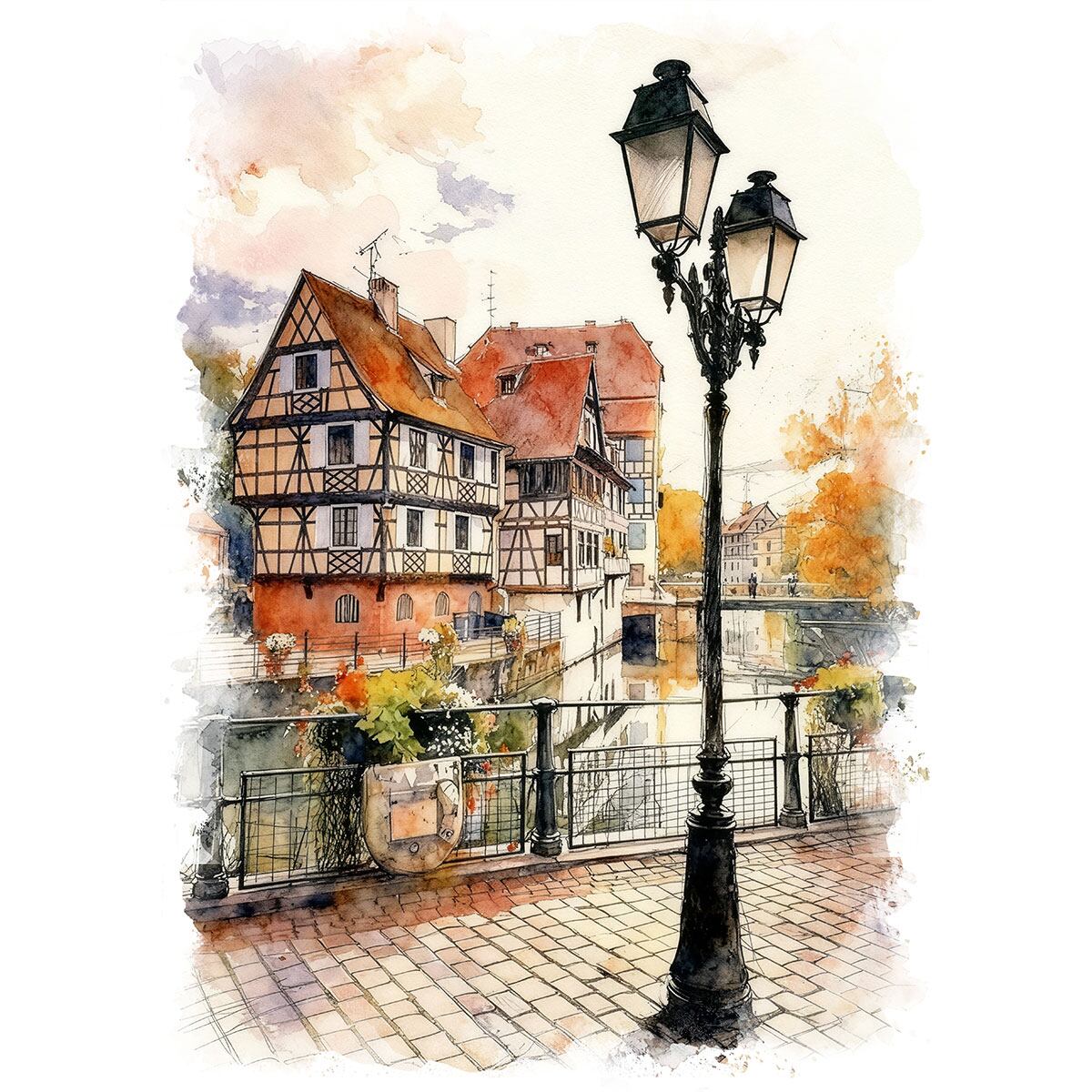 絵画 風景画(街並み) フランス ストラスブール インテリアアート額付き 水彩画・油絵調 WAT0559