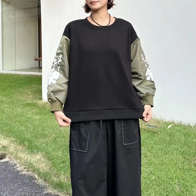EMBROIDERED CONTRAST SLEEVE DESIGN SWEAT SHIRT 2colors M-15208