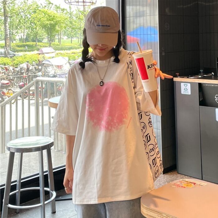 サマールーズスタンダードプリントカジュアルTシャツ ラウンドネックレディーストップス コットン レトロ 夏物 Oネック ケッペル20433167705