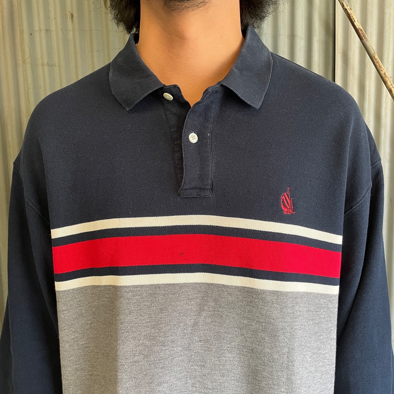 90年代 Nautica ノーティカ 鹿の子 ライン 長袖ポロシャツ メンズXL 