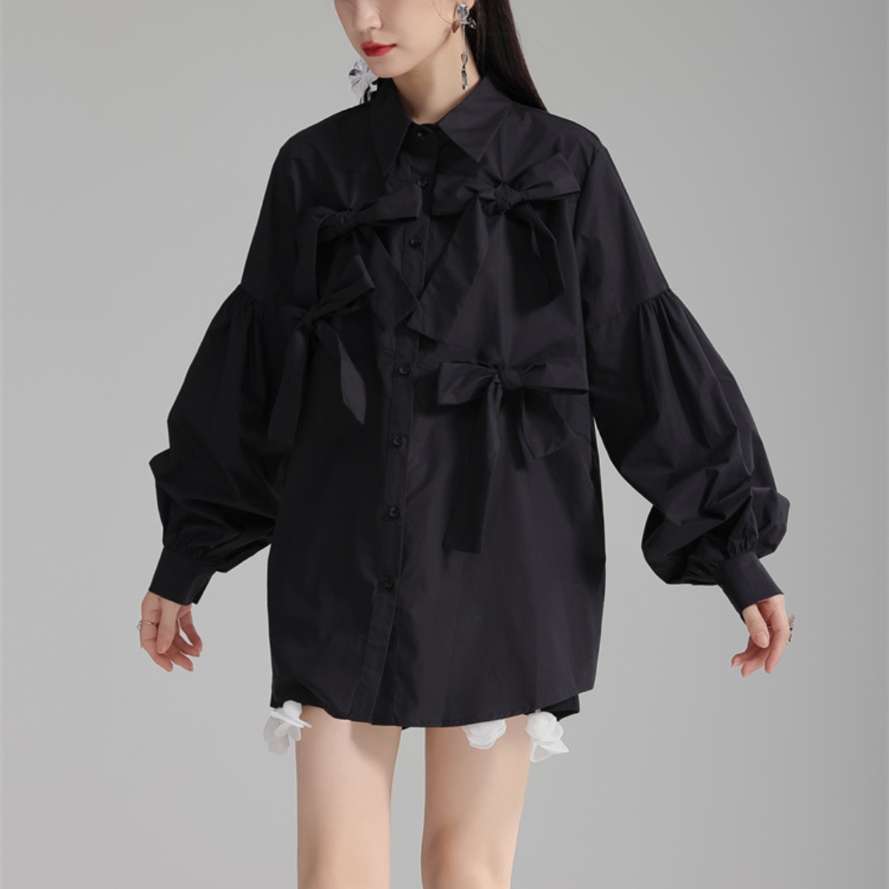 Lantern sleeve ribbon loose white shirt(ME001)