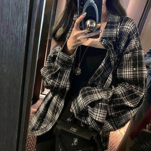 stone check shirt tops / l0544