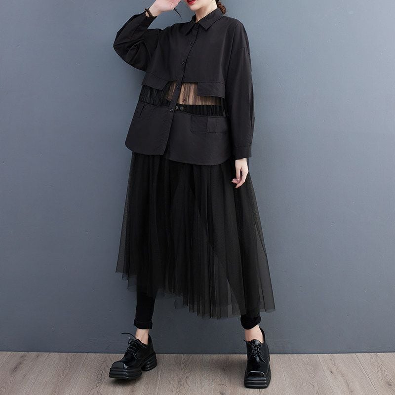MESH PANEL LONG SLEEVE SHIRT MIDI DRESS M-18223
