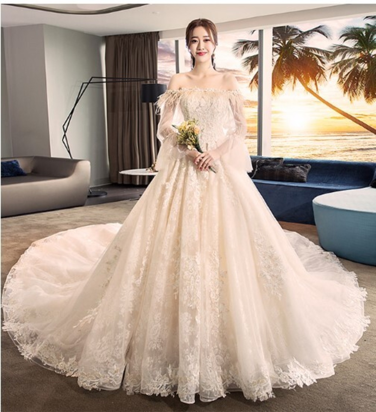 豪華！ ウエディングドレス オフショルダー 魅惑の花レース トレーン  