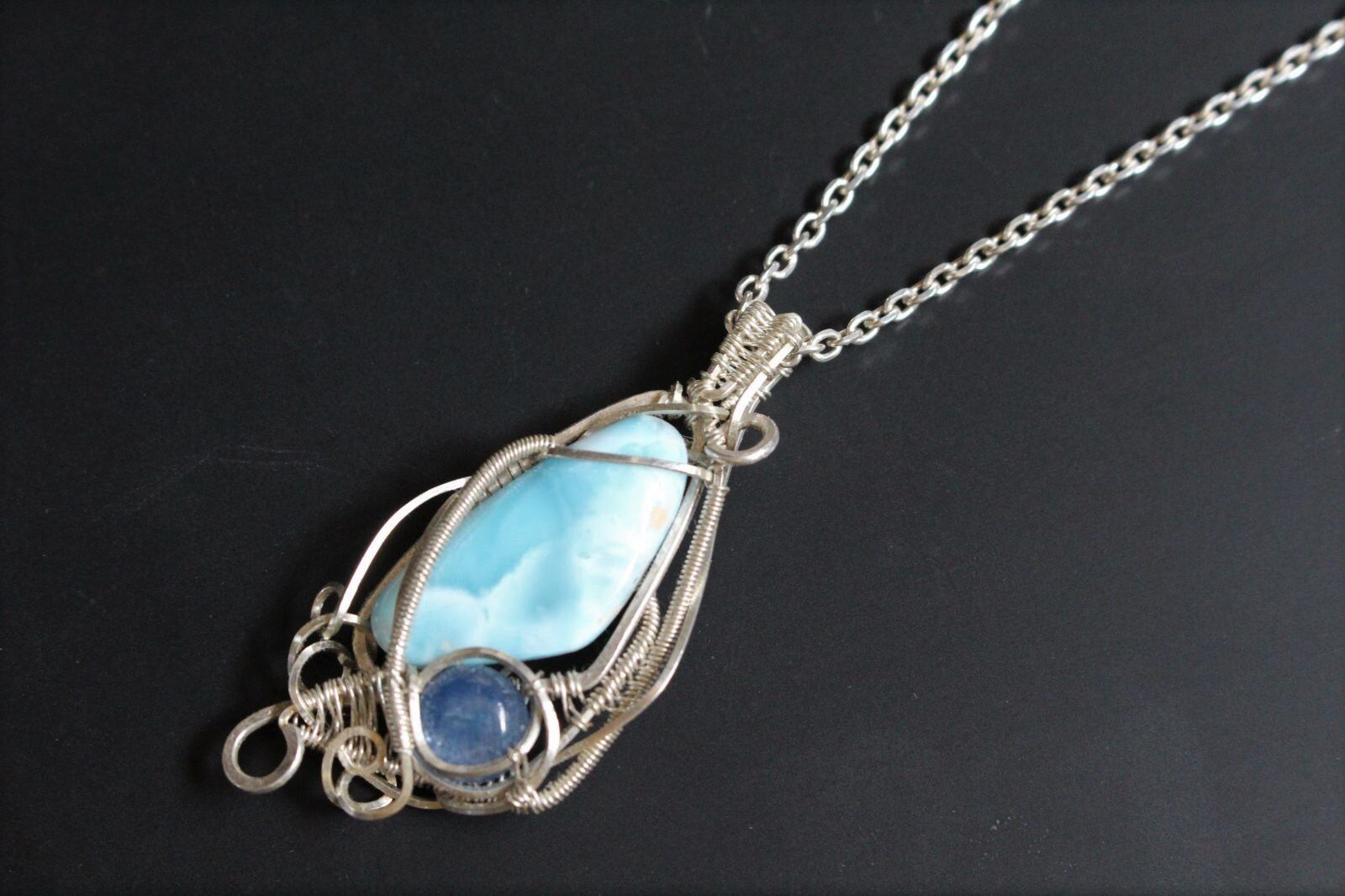 Larimar & Kyanite silver925 wirewrapping pendant