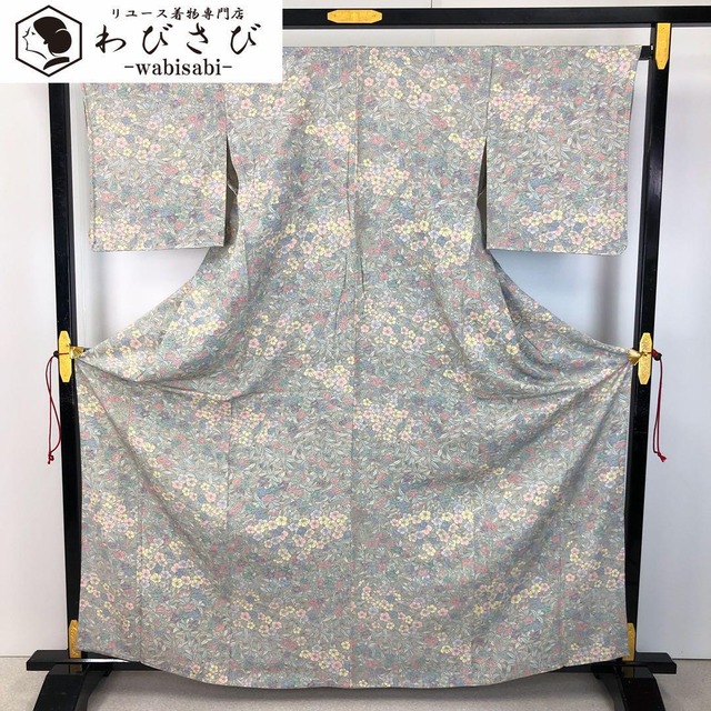 小紋 飛び柄 丸にうさぎ柄 縮緬 枇杷茶色 しつけ糸 K-3286 着物 きもの  