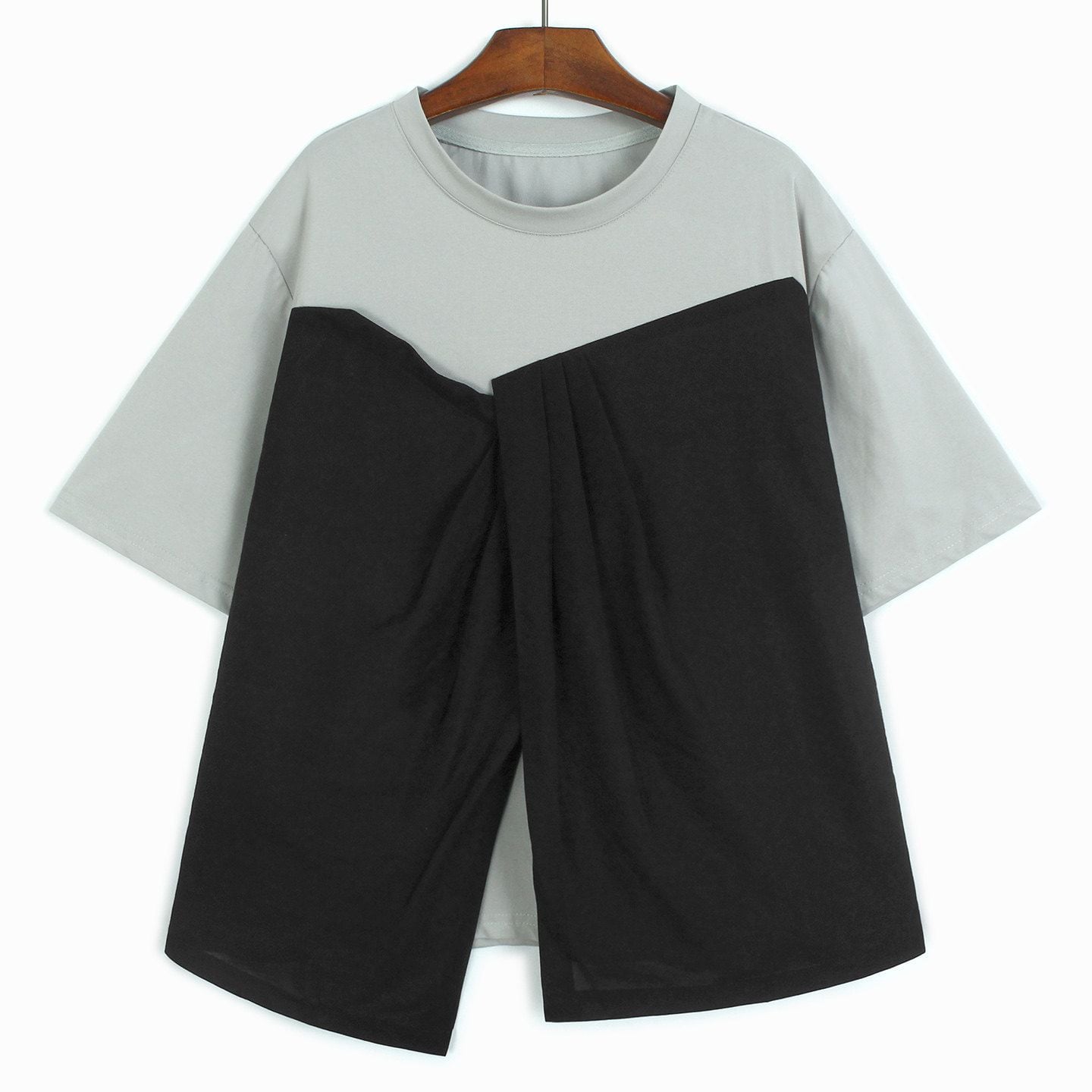 CONTRAST ROUND NECK DRAPED SHORT SLEEVE T-SHIRT M-17723