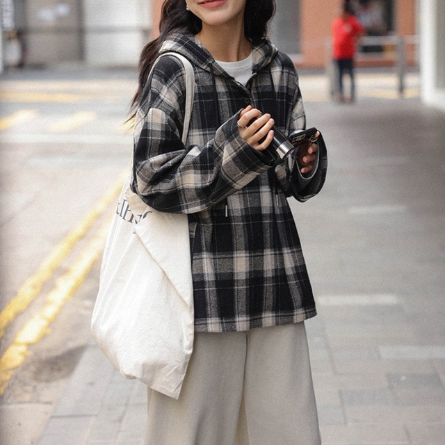 check drawstring hoodie　J00400