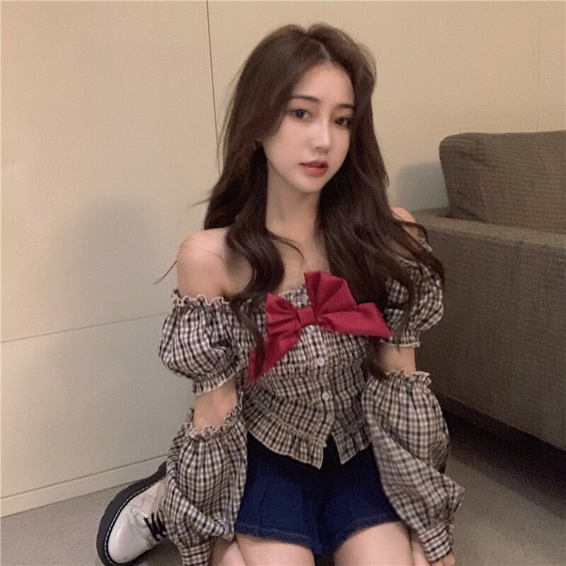 ワンショルダーパフスリーブデザインセンスニッチチェック柄長袖シャツトップレディース2020秋新作ショートシャツ ブラックストロベリース98979366229