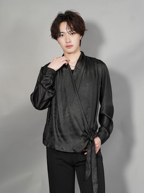 【ALUDE SELECT】black satin draped wrap shirt