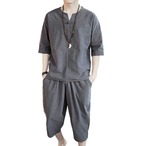 予約 メンズ服 綿麻セットアップ 七分袖 サルエルパンツ 上下セット ファッション カジュアル リラックスウェア 和風 モード系 韓国風 夏服 涼しい ルームウェア 無地 ナチュラル素材 吸汗 速乾 通気性 ゆったり 着心地快適 シンプル mp-148
