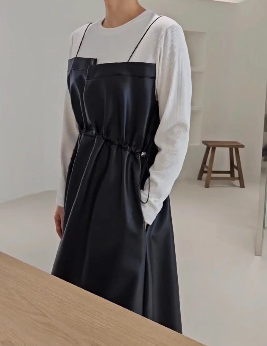 LT1714】fake leather one-piece/Tシャツ&フェイクレザー ワンピース