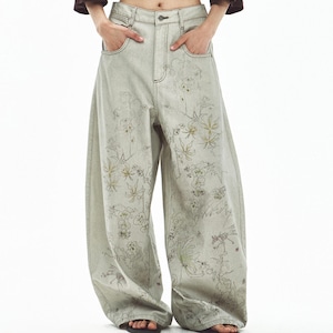 Flower Print Wide  Denim Pants  T4476