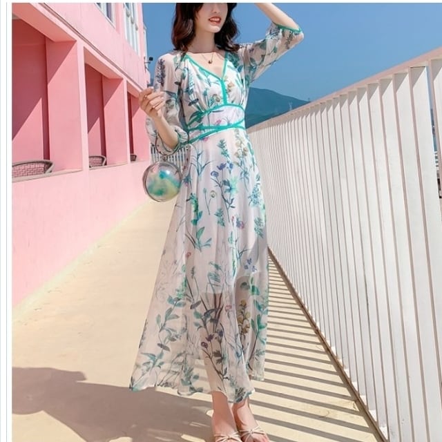 サマー ドレス リゾート レディース マキシ ワンピース L 白 × 青 花柄