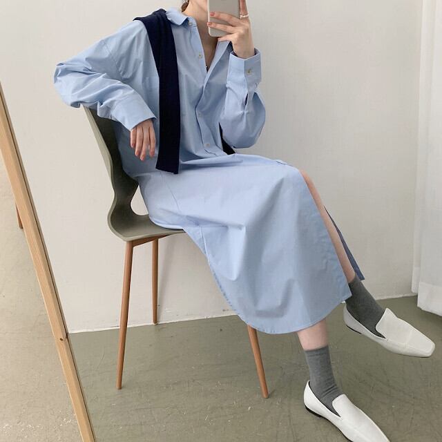 ワンピース レディース ビッグシャツ ロングワンピ シャツワンピ 長袖 オーバーシルエット おしゃれ カジュアル ブルー/ホワイト