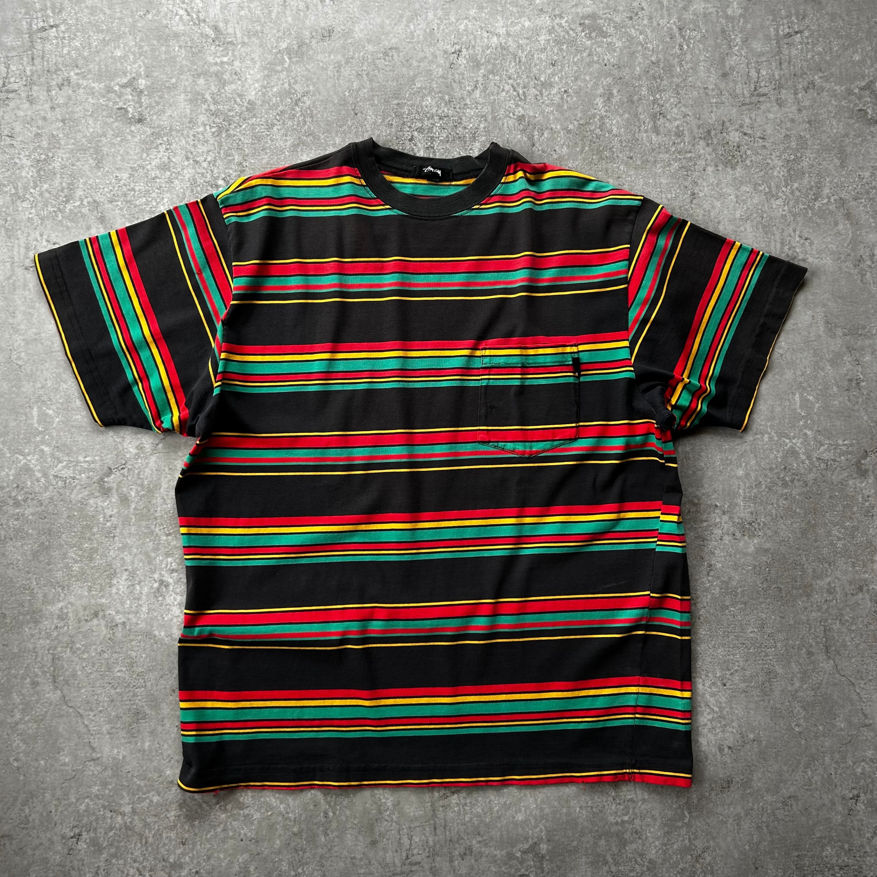 80s old stussy マルチボーダーtシャツ 黒 XL ラスタカラー | 東京準備室