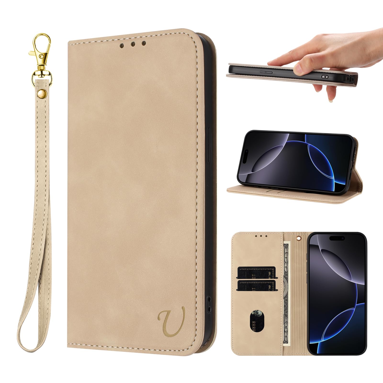 Ugazuisi 兼用 iPhone 16e/17eに対応 ケース 手帳型 iPhone16e/17eに向け カバー アイフォン スマホカバーに適用 ストラップ付き 肌触り良いレザー スマホケース マグネット内蔵 全面保護 耐衝撃 耐摩擦 スタンド機能 カードケース 財布型 カード入れ ベージュ