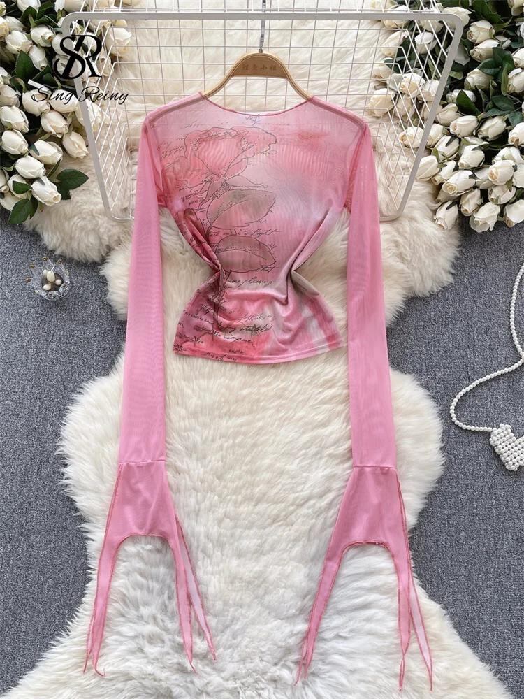 Sing補強-hotSoftプリントセクシートップス、フレアスリーブ、ガーゼスリムブラウス、アメリカの透明メッシュTシャツ、ファッションストリートウェア_73