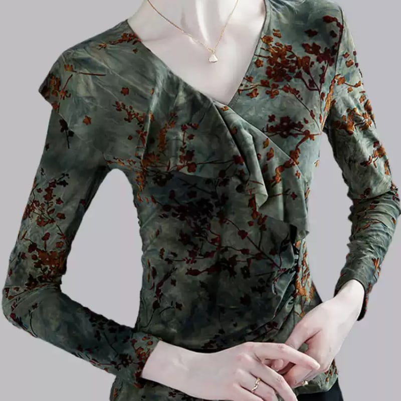 ラッフル Vネック ロングスリーブ スリム トップスds1223