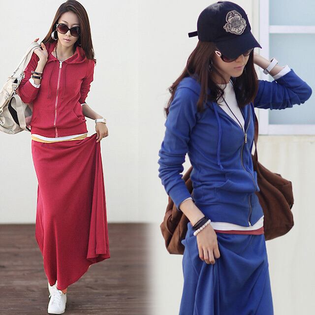 【予約販売】セットアップ レディース ロングスカート フード パーカー ジッパー スリム 長袖 秋 冬 綿 ブルー レッド ブラック カジュアル お出かけ