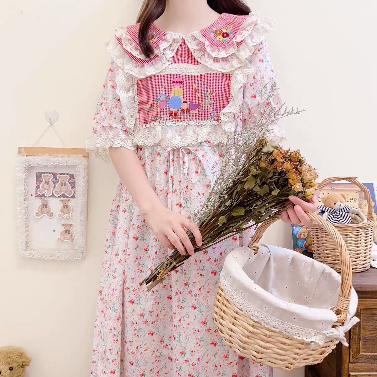 ワンピース ピンク 赤 ワンピース 花柄 パッチワーク フラワー ワンピース ピンク 赤 ワンピース 花柄 パッチワーク フラワー
