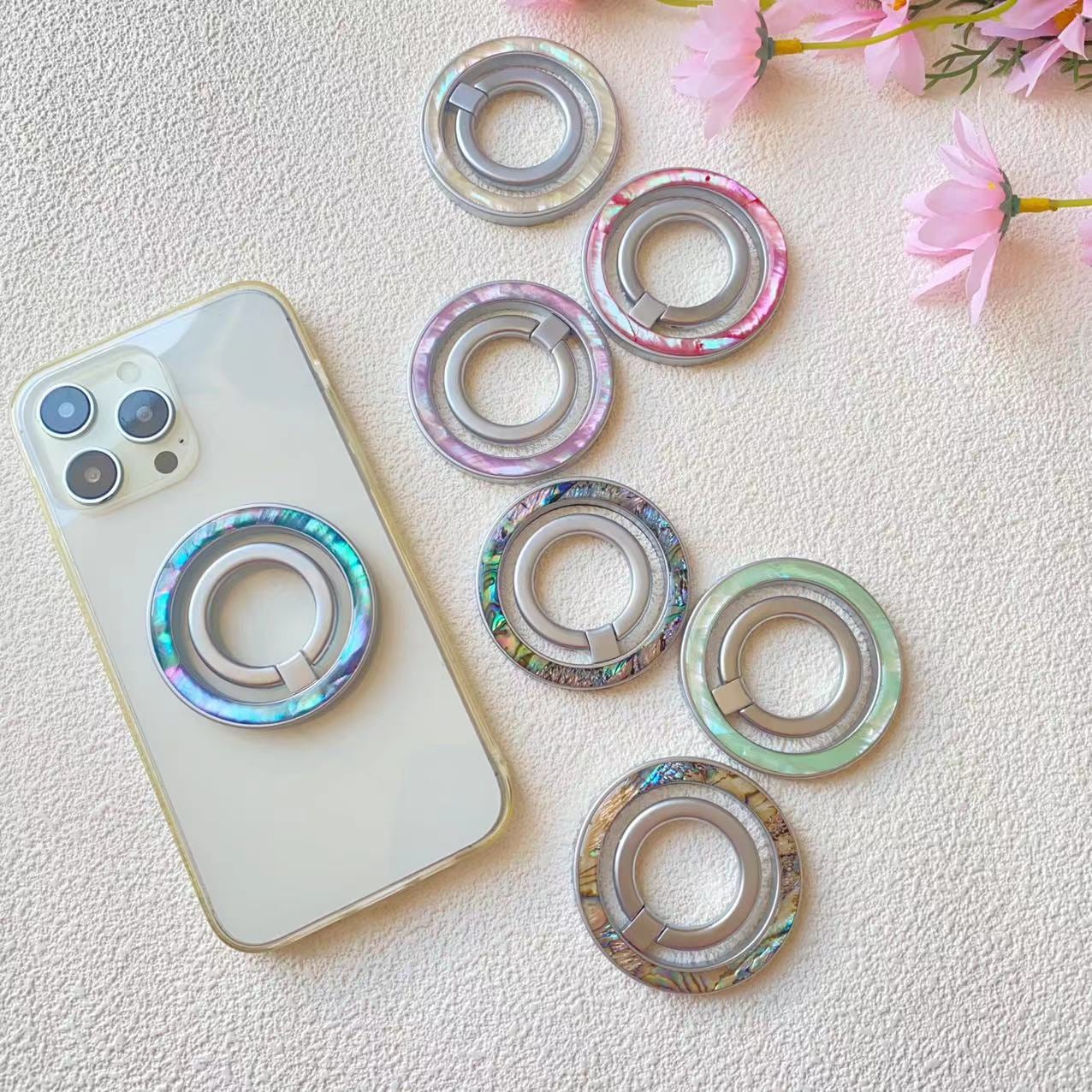 ニュアンスシェルのスマホリング☆ スマホリング】MagSafe専用 シェルデザイン 7色から選べる マグネット