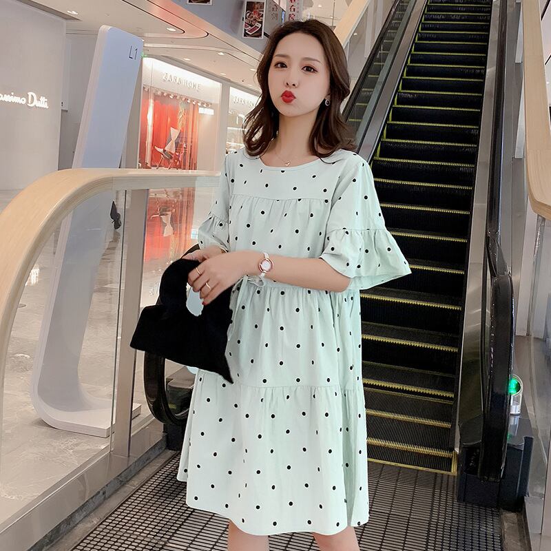 【新作】【送料無料】 マタニティウェア2020夏新時代を減らす綿麻ドットルーズドレス、トレンディなマザーミドル丈マタニティドレス-アリババ コットン サマー 夏物 expec296044278559