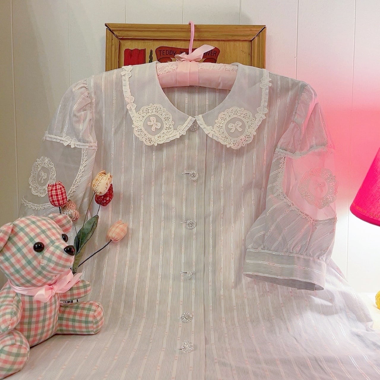 ribbon lace collar stripe blouse