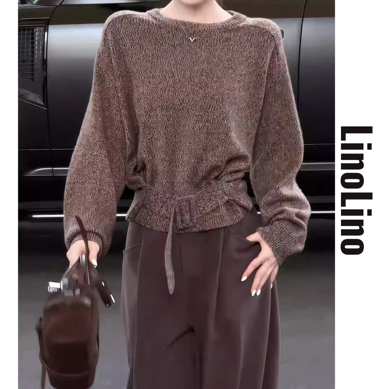 Belted Waist-Length Long Sleeve Knit L00697