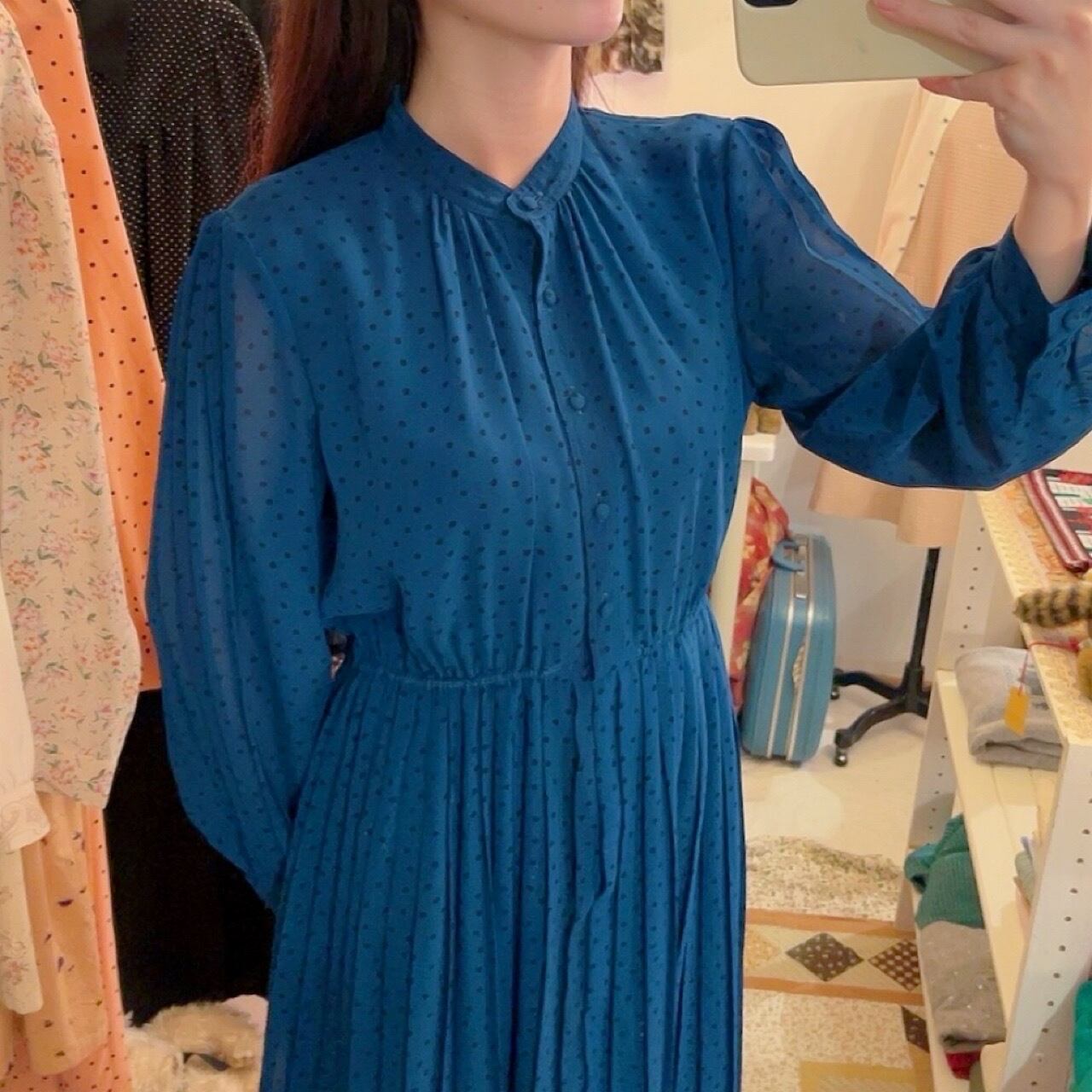 blue green dot pleats one-piece