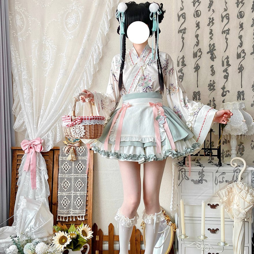 和服メイド 花柄 3点セット 和ロリ 着物 メイド服 コンカフェ アイドル