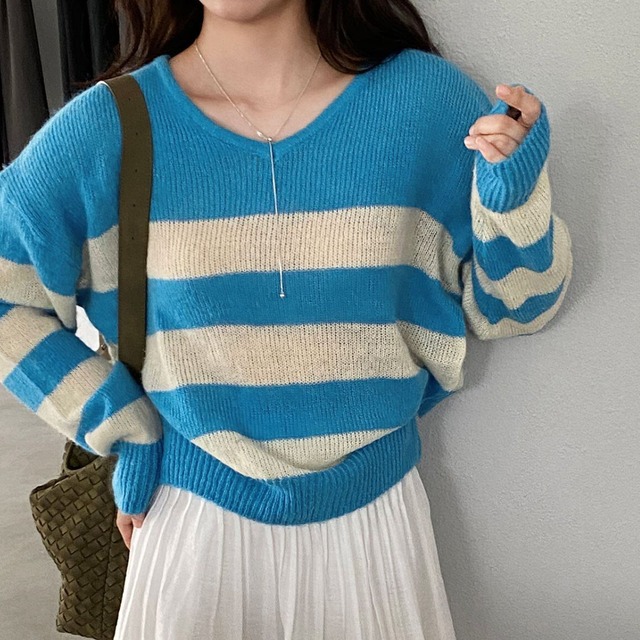 【4 colors】 Soft Mohair Blend Border Knit [26010085]