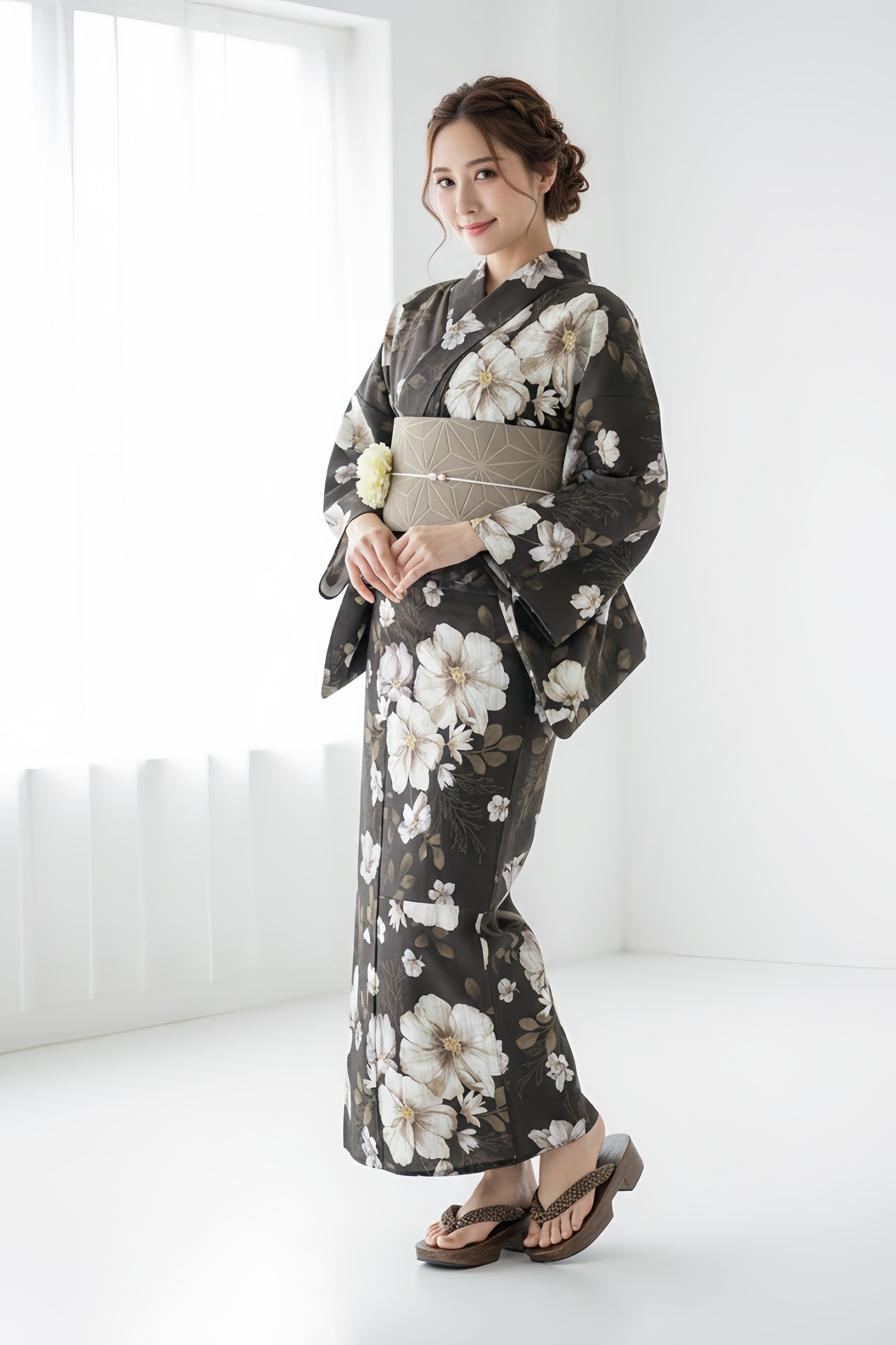 浴衣ジェンヌ 浴衣5点セット ゆかた 半幅帯 浴衣 焦茶 花柄 大人浴衣 ブラウン 花火大会