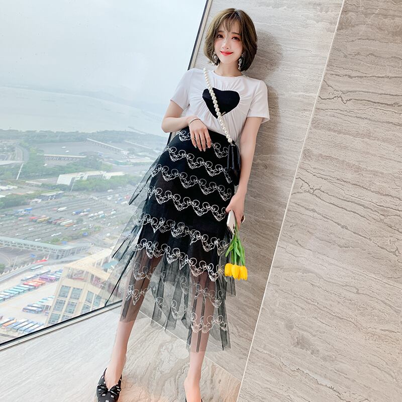 プリーツTシャツ 刺繍メッシュスカート スプリングサマー 春物 夏物 MIUCO68784890176