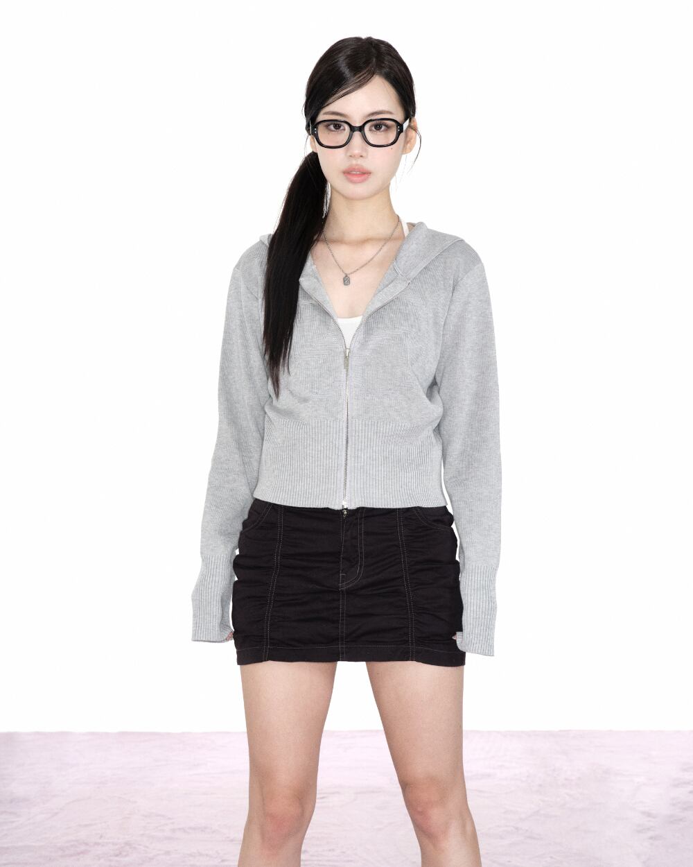 as”on] PUNCHED KNIT HOOD ZIP-UP / GRAY 正規品 韓国ブランド 韓国