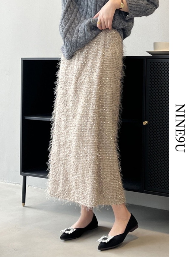 sequins long mohair-knit skirt 3color【NINE7682】