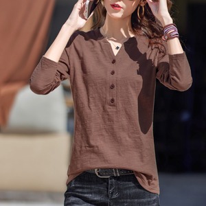 バンブーコットン Vネックボタンフロントシャツ 4color W01423