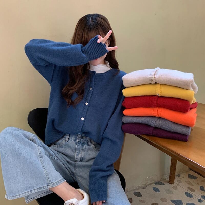 セーター スプリングオータムスタンダードルーズ薄手ショートニットカーディガンジャケット レトロ 春物 秋物 1号婦人57233484605