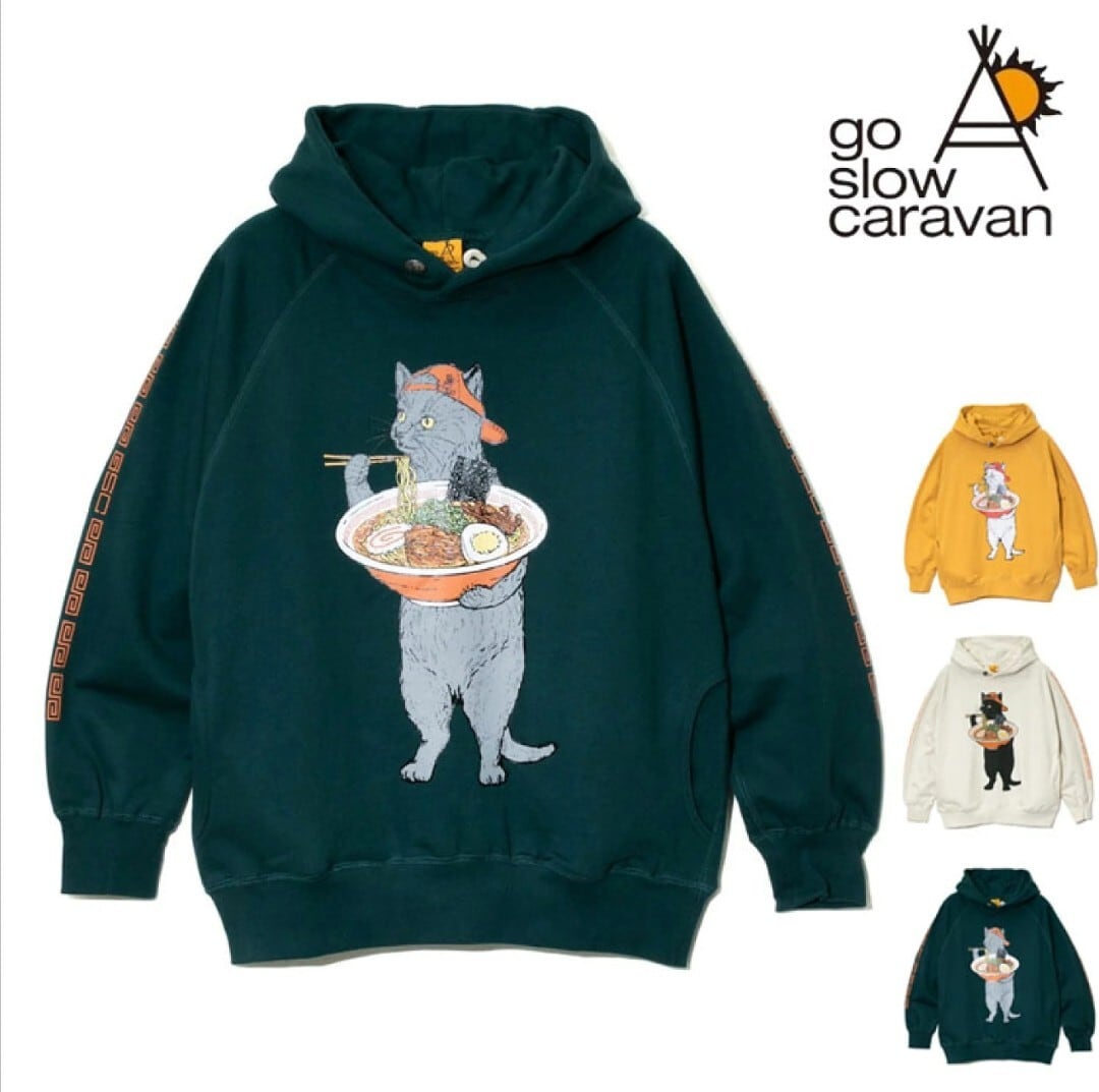 goslowcaravan ラーメン猫 スウェットパーカー（グリーン）
