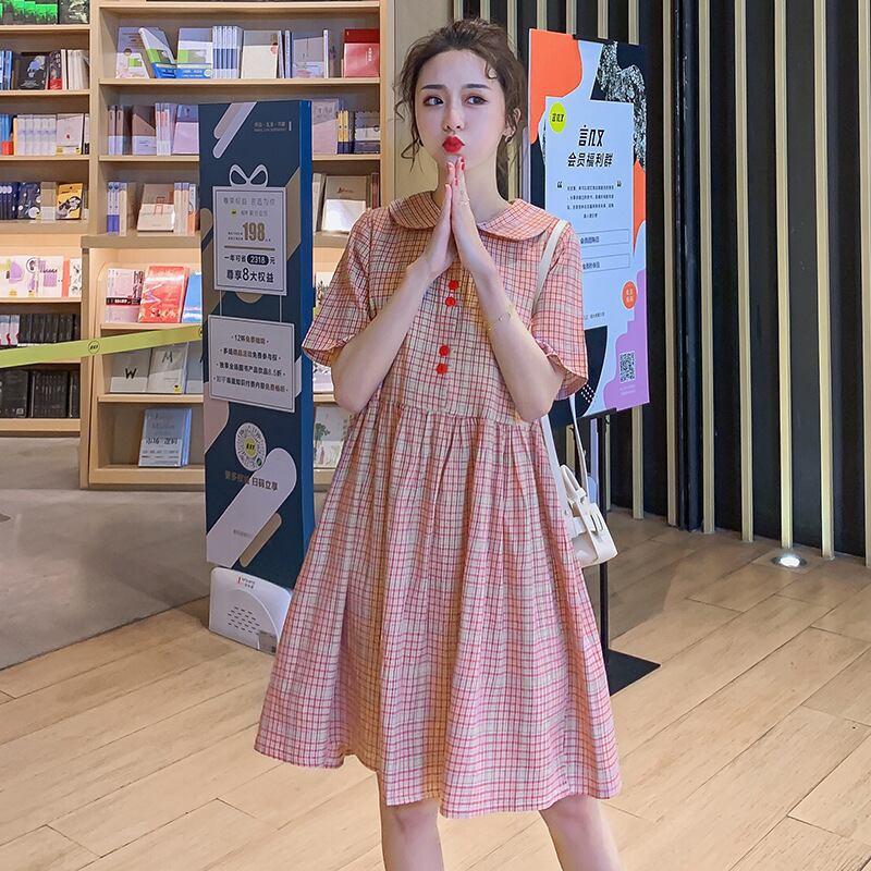 【新作】【送料無料】 マタニティドレス2020夏の新しい綿とリネンの格子縞の人形の襟のドレス小さな新鮮なミドル丈のマタニティドレス-アリババ コットン サマー 夏物 expec28414786229