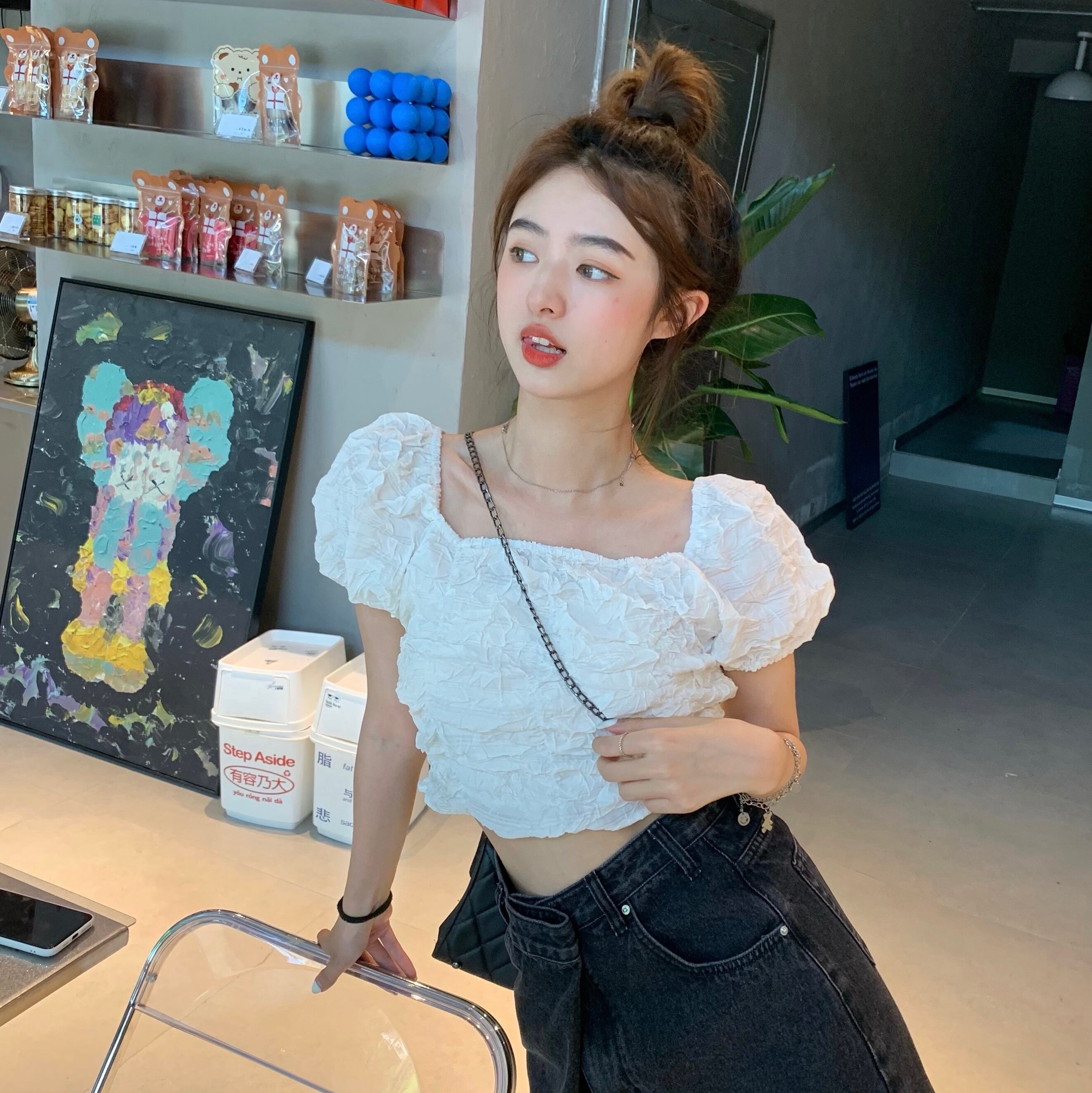 ショートプリーツシャツ 薄手ホワイトサマートップス 大人ガーリー スウィート キュート カジュアル 夏物 モンロー92099687477