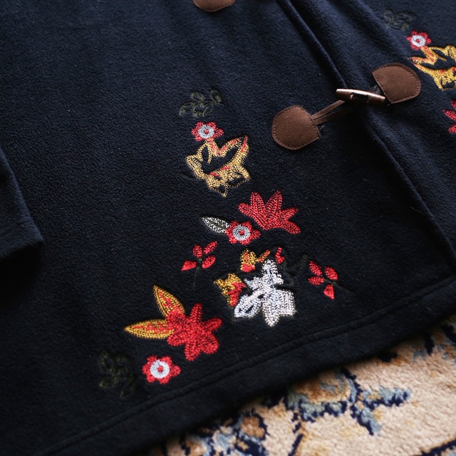 flower embroidery wide silhouette fleece duffle coat