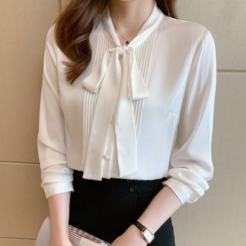 シフォンシャツ レディース カラバリ1色 ホワイト 長袖シャツ 長袖 シャツ 春 秋 新作 エレガントスタイル フロントボタン プリーツデザイン シンプル サイズ5展開 S M L XL 2XL