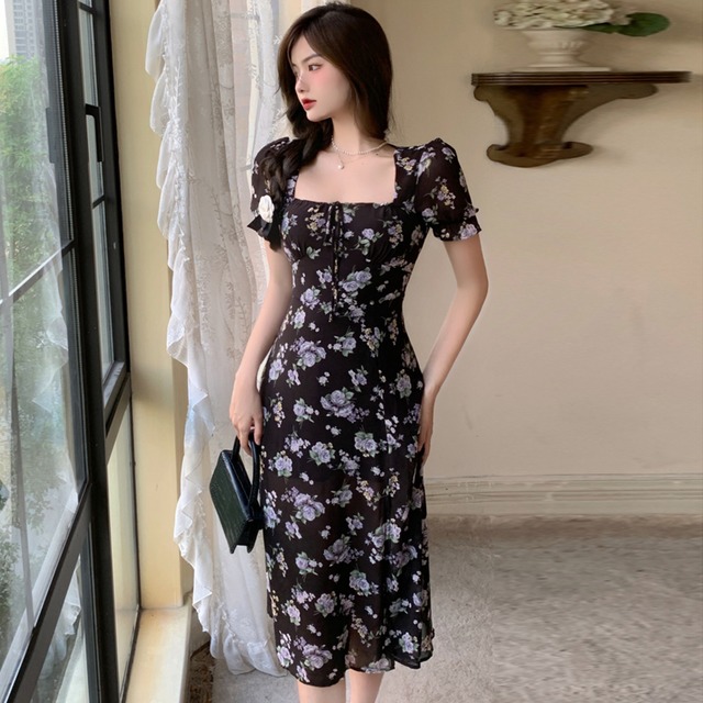 スタンダードスカート サマースタイルスリーブシフォンプリント柄ドレス レトロ 夏物 スクウェア ハンチェンe42815206608