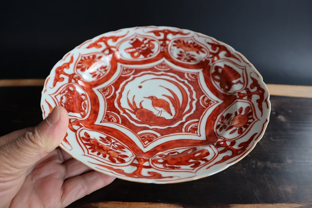 赤絵芙蓉手打ち込み七寸皿(明山手.大) | 陶つちやま