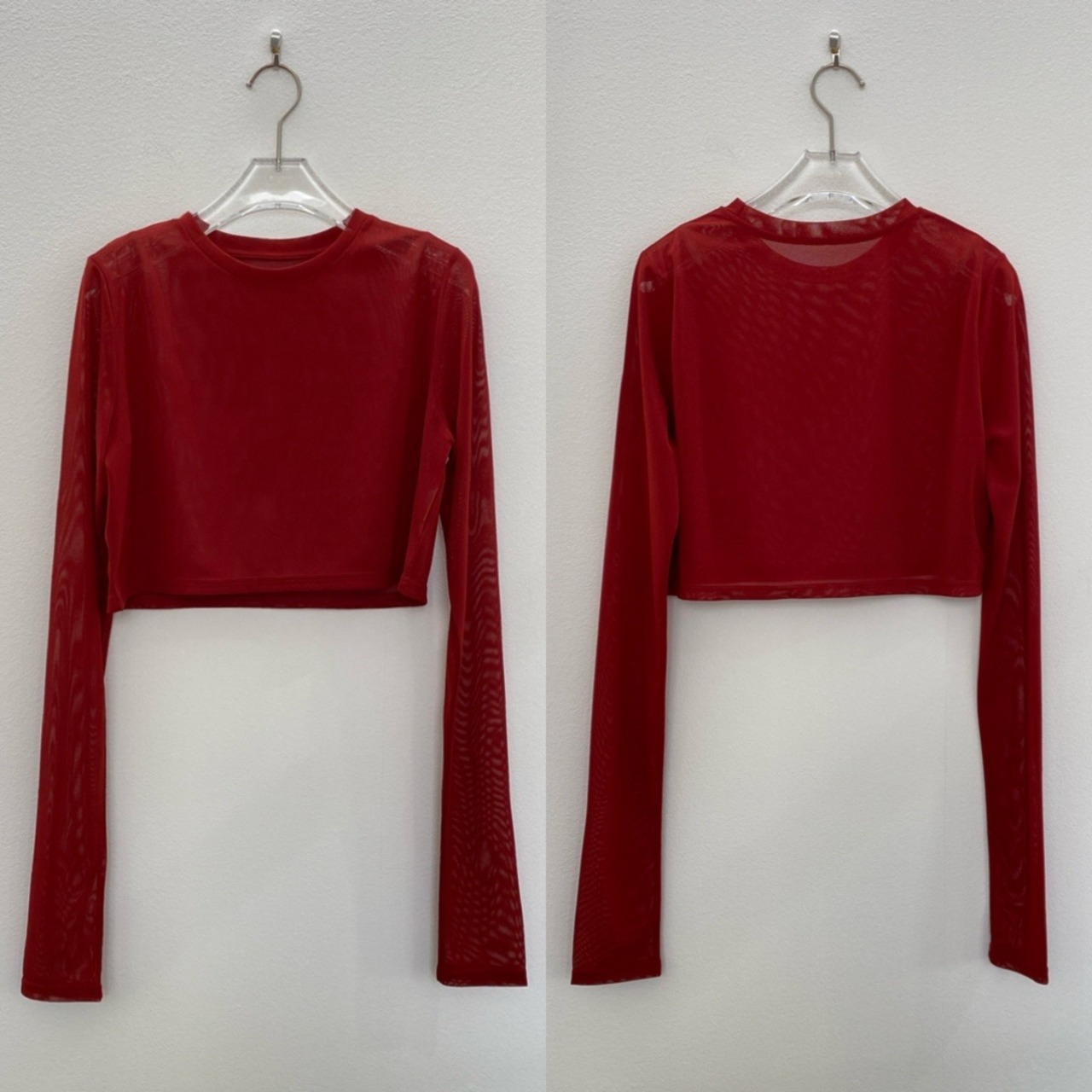 crew neck tulle sheer short tops/red