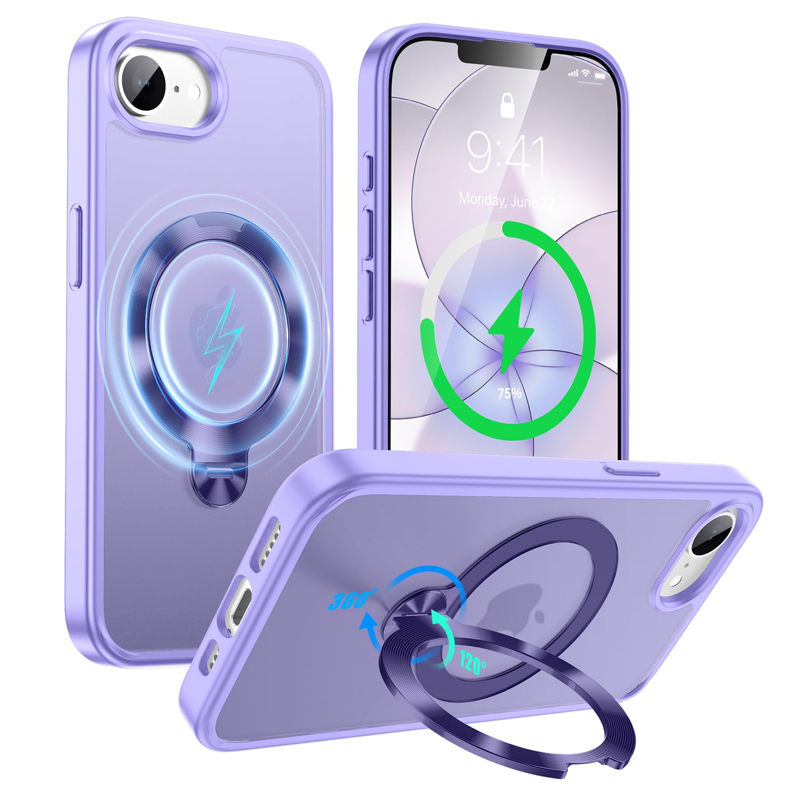 Tekkase iPhone 17e/iPhone 16e ケース リング付き MagSafe対応 360°回転磁気スタンド 耐衝撃 縦横両対応 あいふおん17e カバー ワイヤレス充電対応 米軍MIL規格全面保護 いphone16eケース 半透明カバー マット感 肌触り良 防滑 指紋防止 黄变防止