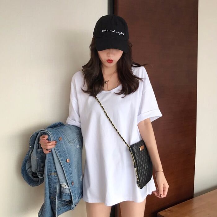 2020年初春の新作ルーズビッグラウンドネック半袖白Tシャツミドル丈カジュアルシャツ 1号婦人58609683821