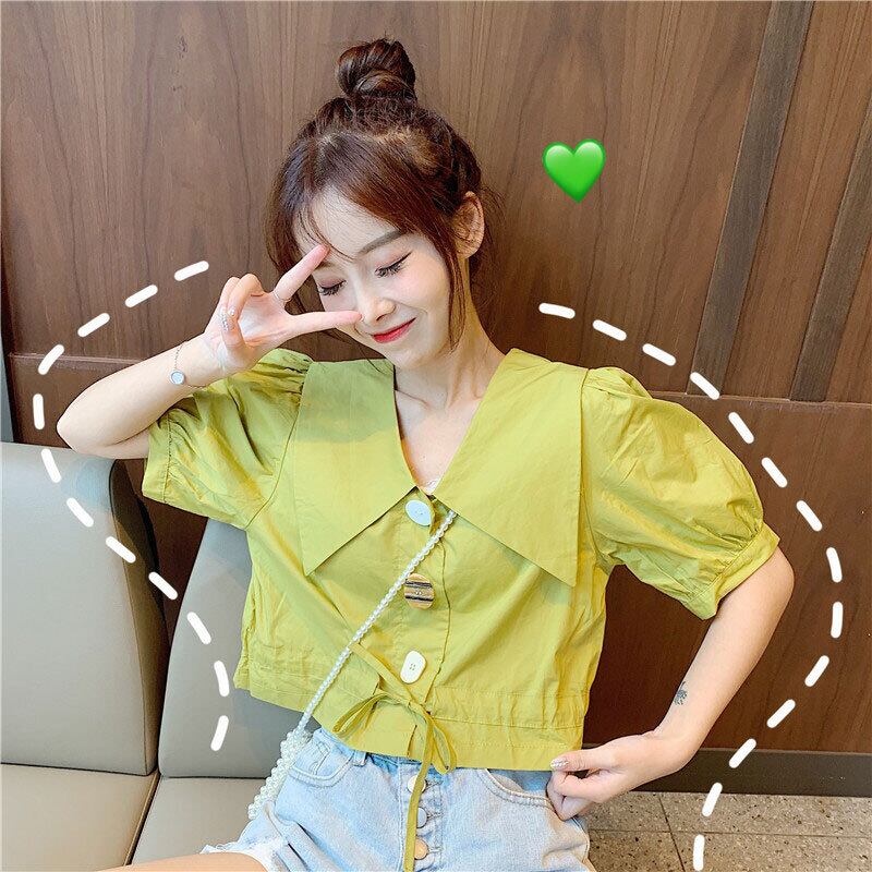 サマーレディースシャツ2020新バージョンのビッグラペル巾着オールマッチウエストパフスリーブショートシャツシャツ 1号婦人94684098087