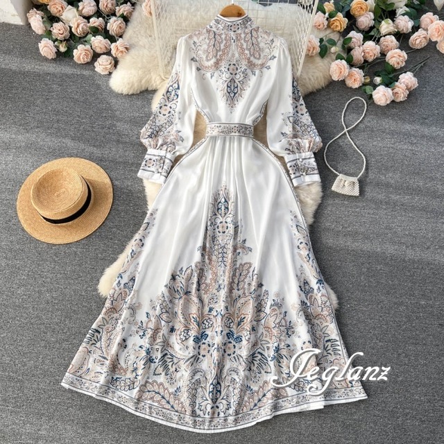 2色 ロング丈 ワンピース スタンドカラー 共ベルト クラシック（ M4486）γα